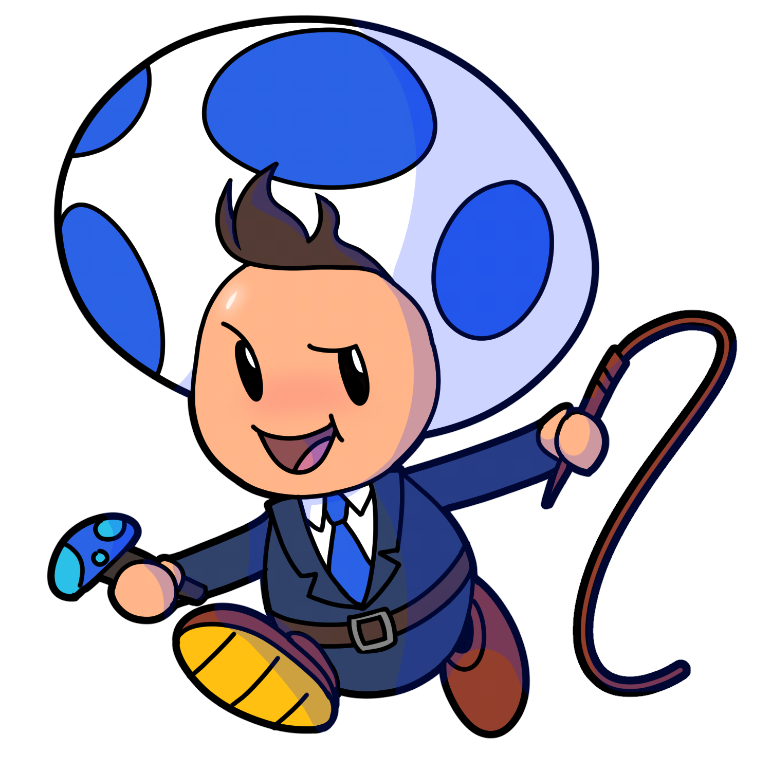 a blue mario toad with brown hair under his toad cap. He wearing a suit and tie holding a microphone and a whip