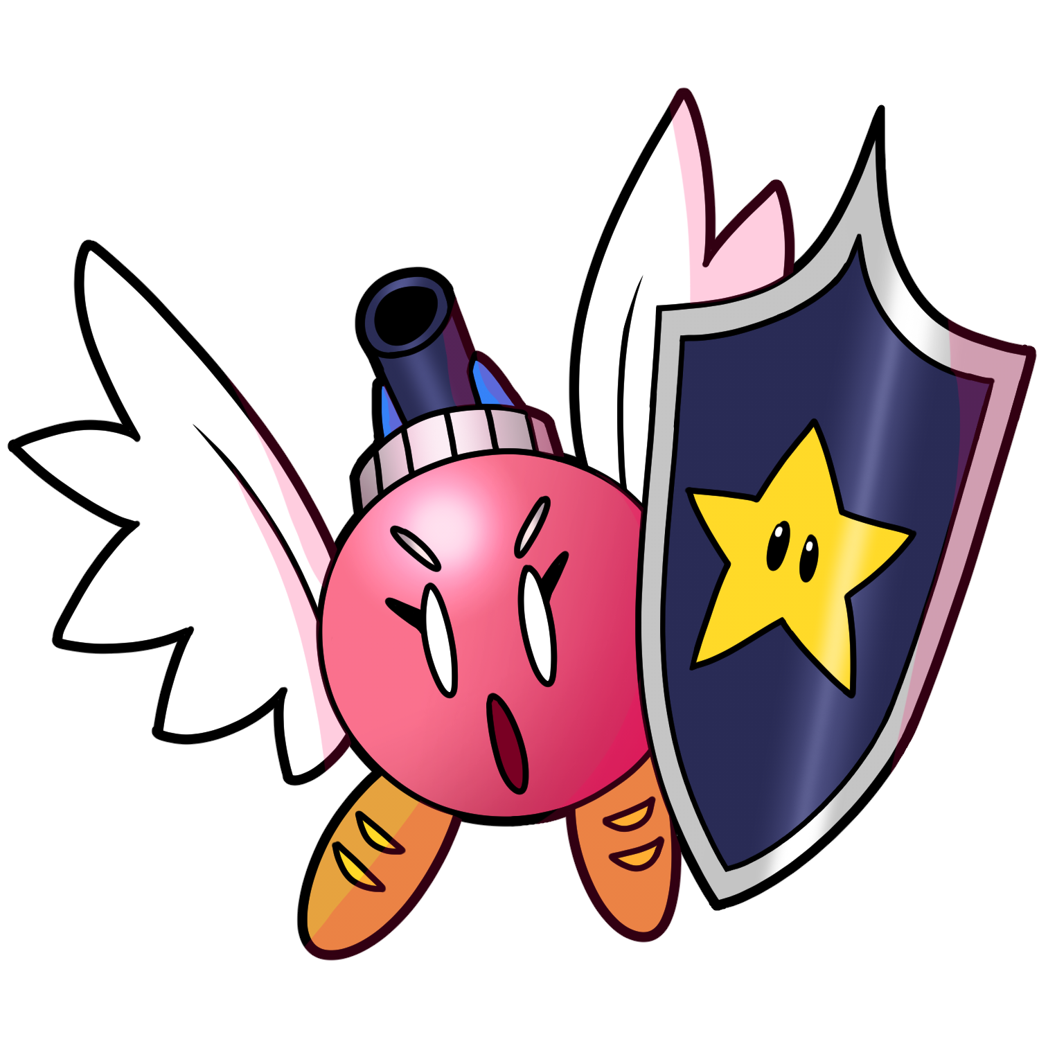 a pink bob-omb with wings holding a massive blue shield, on the shield is an emblem of a power star