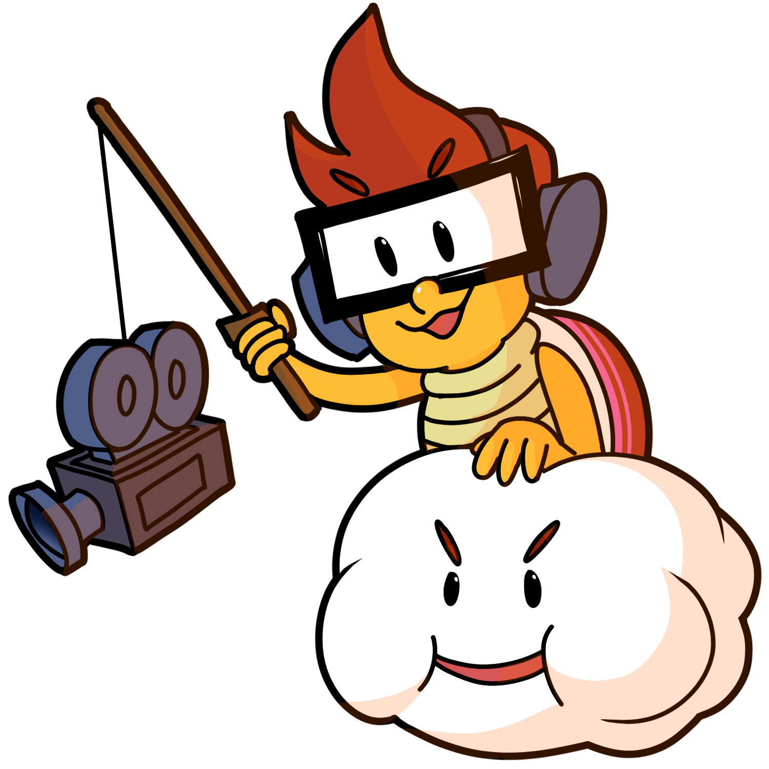 a red lakitu riding a cloud while wearing headphones and holding a camera with a fishing pole